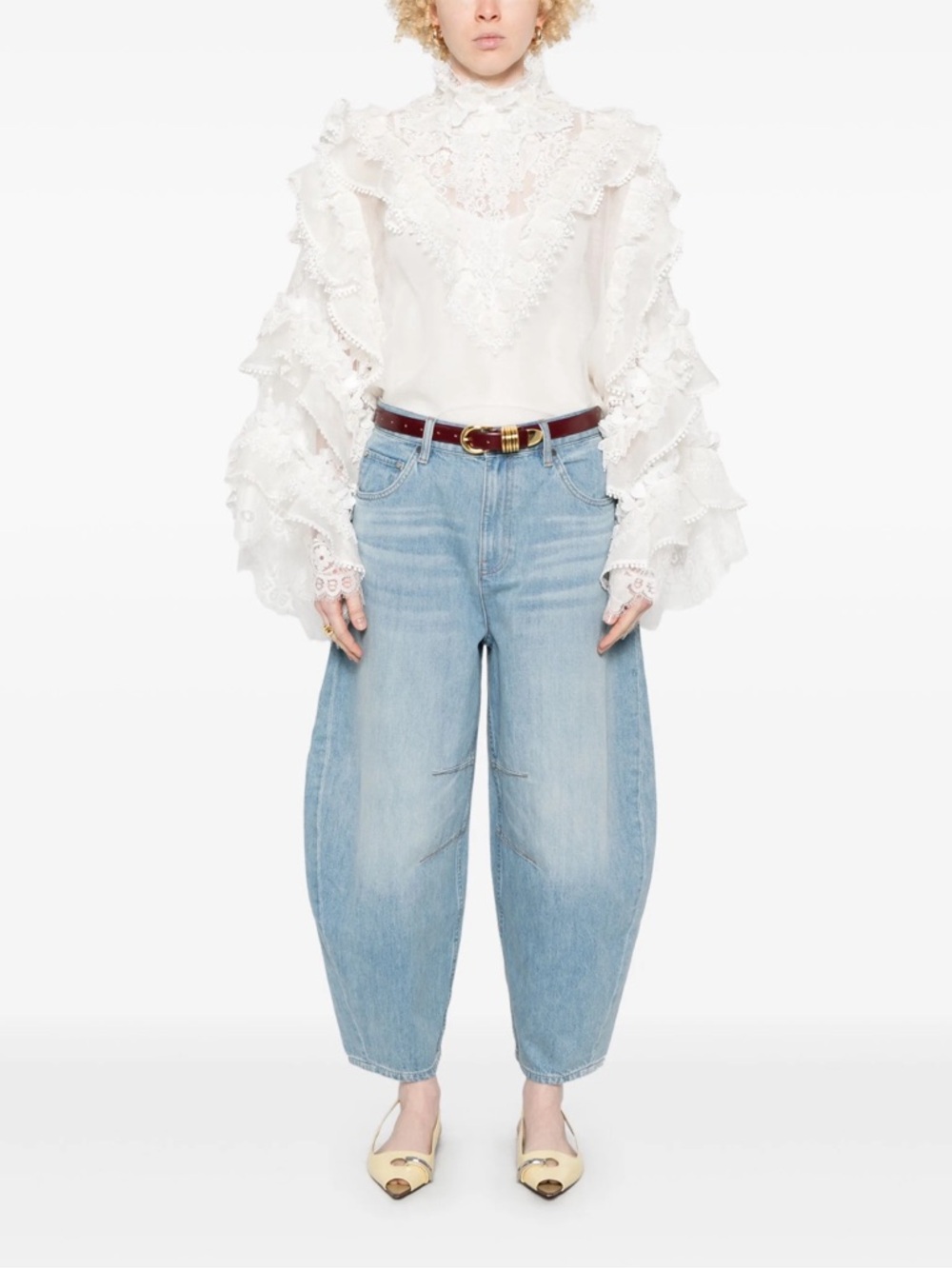Zimmermann Crush Lace-Trimmed White Ruffle Linen-Silk High-neck Top - Picture 2 of 9